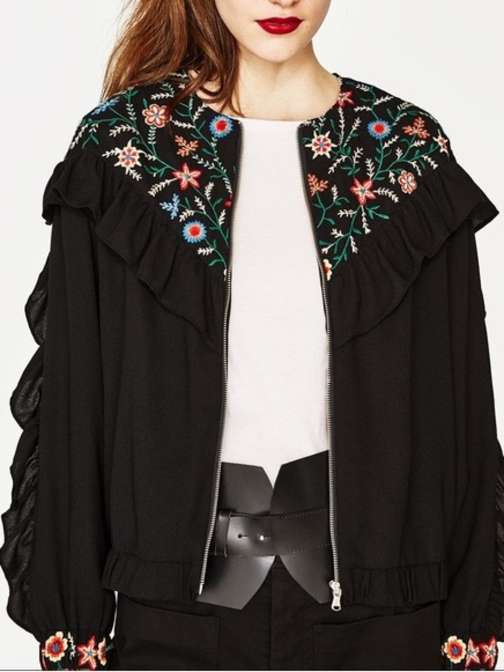 Zara Jacket TRF Black Floral Embroidered Ruffle Trim Zip Up Lightweight Boho